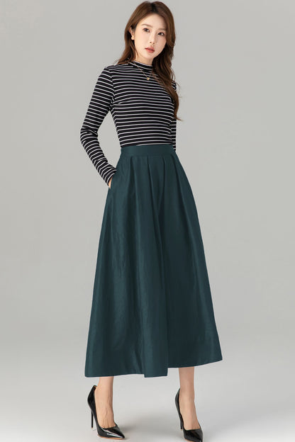 Dark Green Linen Midi Skirt - Pleated A-Line with Pockets 5724