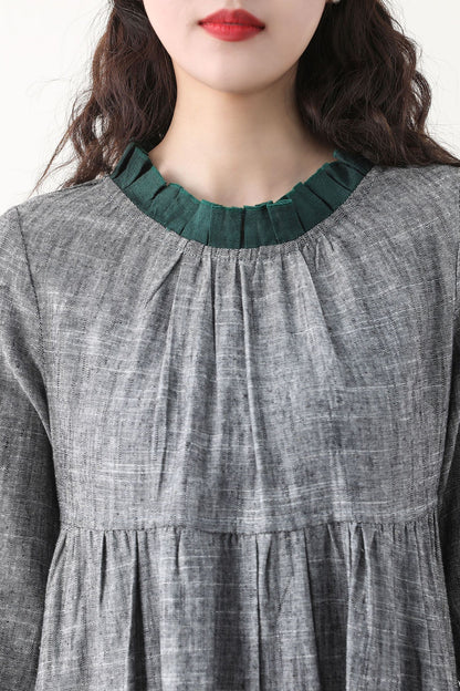 Loose fitting patchwork gray linen dress 2578