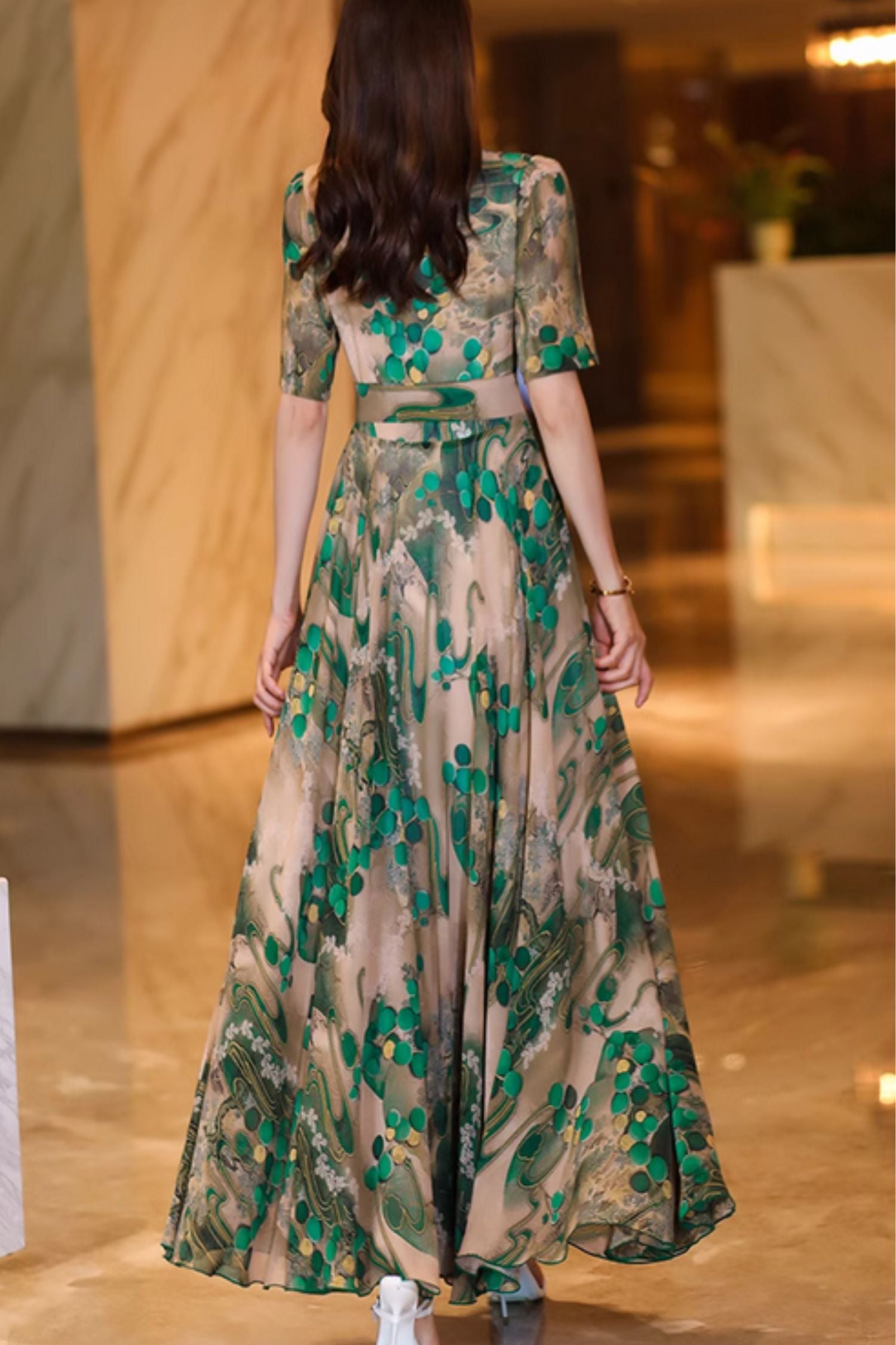 Floral Printed Chiffon Maxi Dress - Fitted Waist, V-Neck 5013