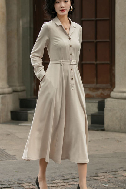 Beige Linen Cotton Midi Shirt Dress - Vintage Belted Swing Silhouette 5674