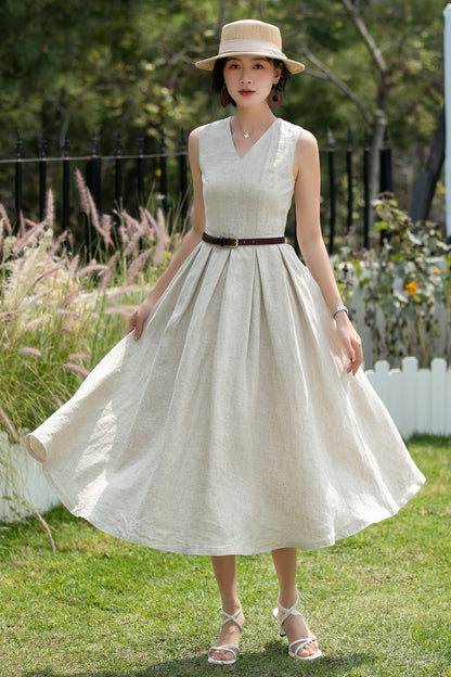 Beige Linen Midi Dress - Sleeveless V-Neck | Xiaolizi 6746 - Size XS #CK2600255