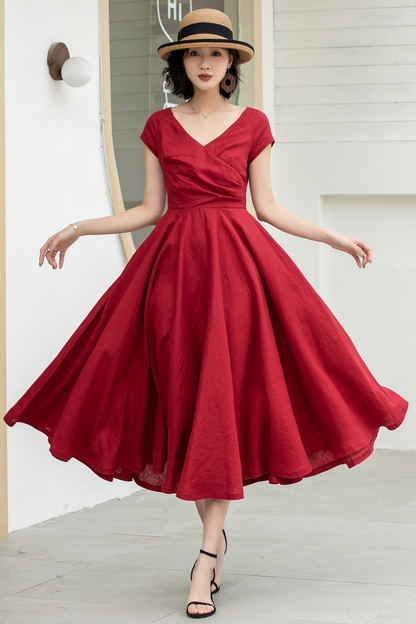 Red Linen Midi Dress - Fit and Flare A-Line with V-Neck 5831