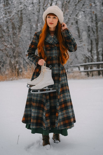 Rust Brown & Forest Green Plaid Wool Coat – Vintage Fit and Flare Winter Overcoat 4839