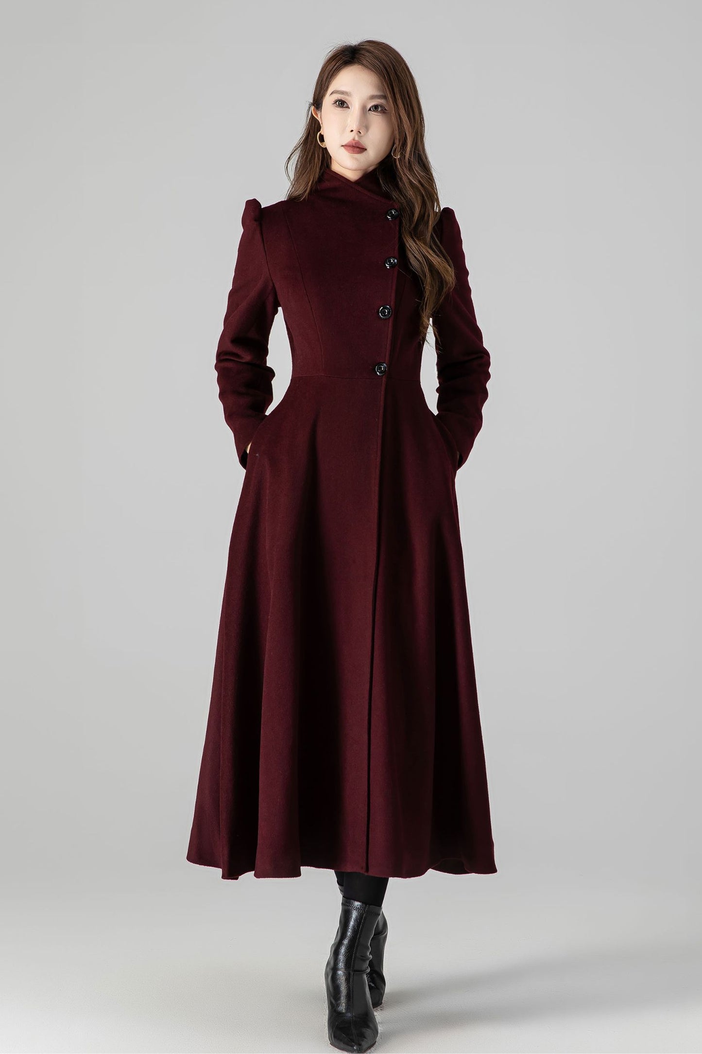 Burgundy A-Line Long Wool Coat 4511