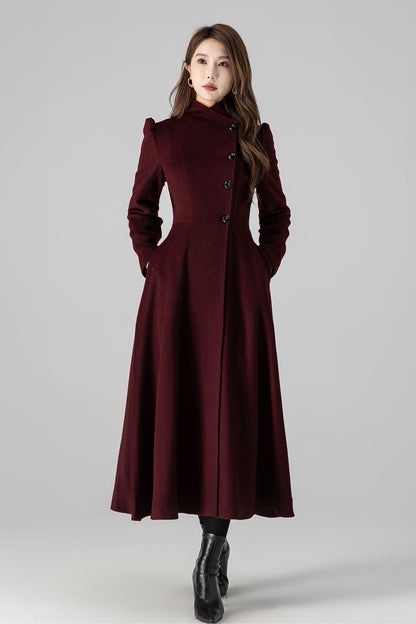 Handmade Burgundy Wool Long Coat – Elegant High Neck Fit & Flare Winter Overcoat 4511