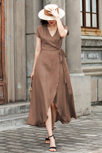 Brown Linen Wrap Dress – Handmade Summer Vintage Elegance 5761