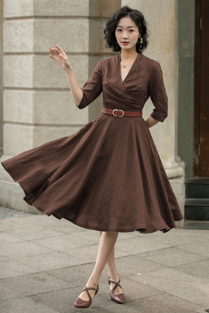 Brown Linen Midi Dress - A-Line V-Neck Pleated | Xiaolizi 5754