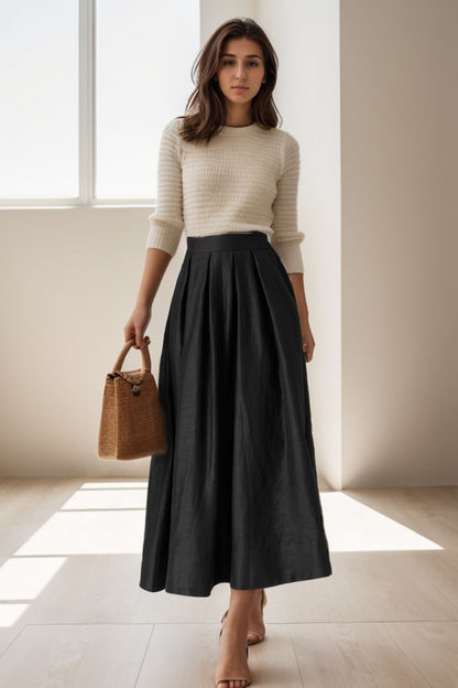 Black Linen Midi Skirt - Pleated Waist, Elastic Back 5124