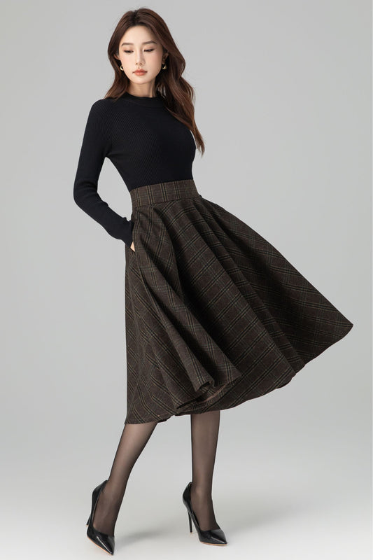 Classic Plaid Midi Skirt Dark Brown Wool – High-Waisted Circle – 6396