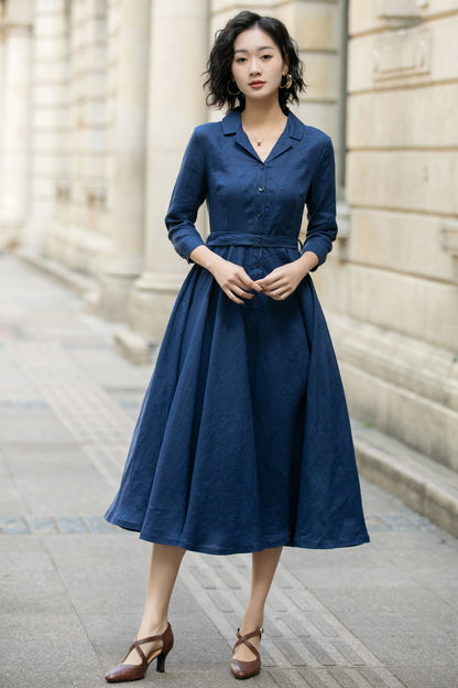 Navy Linen Shirt Dress for Women, Xiaolizi Belted A-Line Dress 5682