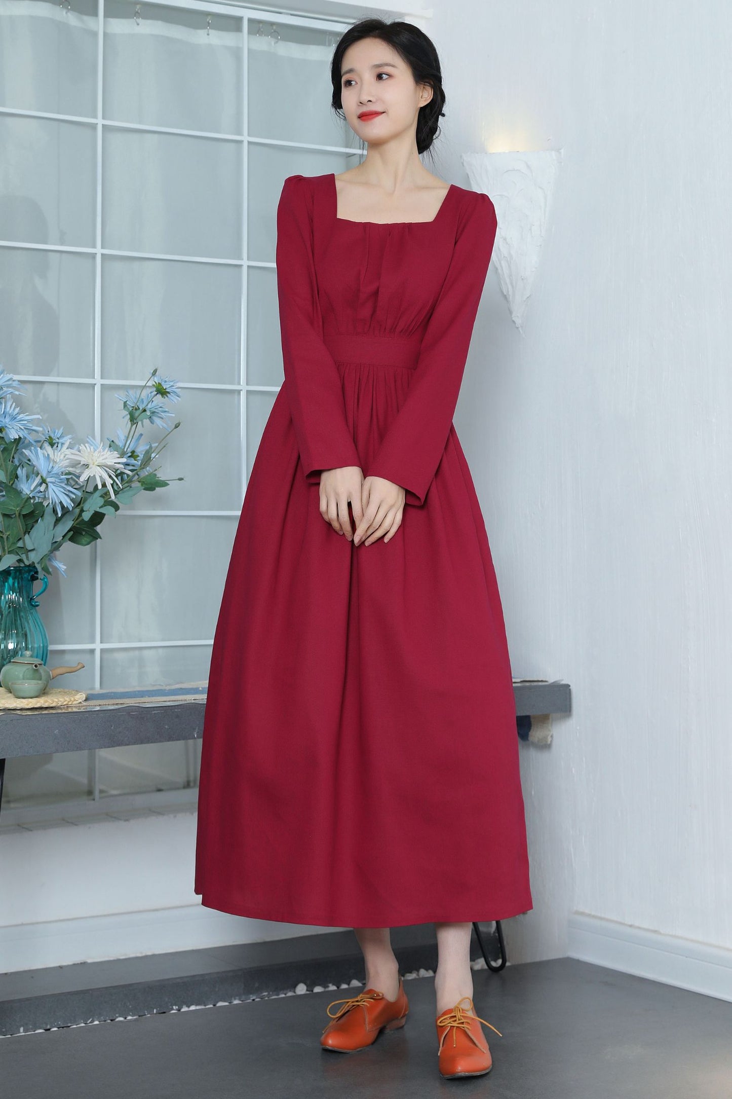 Vintage Inspired Wine Red Linen Dress 3370