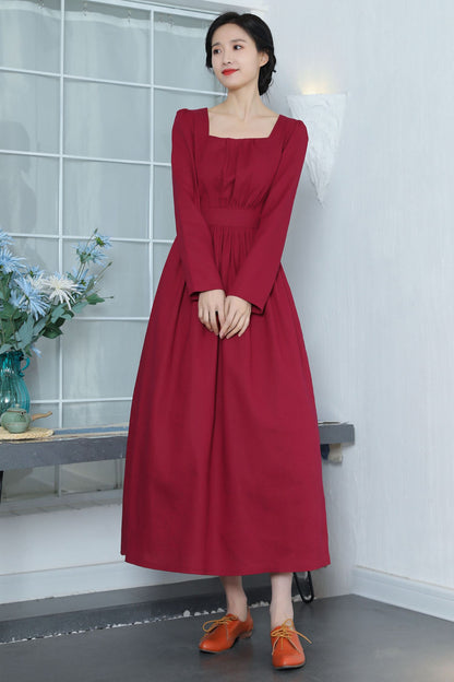 Wine Red Linen Dress - Vintage Fit & Flare with Square Neckline 3370