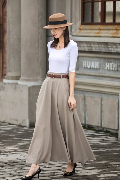 Khaki Cotton Linen Maxi Skirt – Vintage High Waist Long Skirt with Pockets 2783