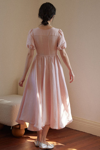 Pink Linen Midi Dress - Fit and Flare, Button Closure HY0037