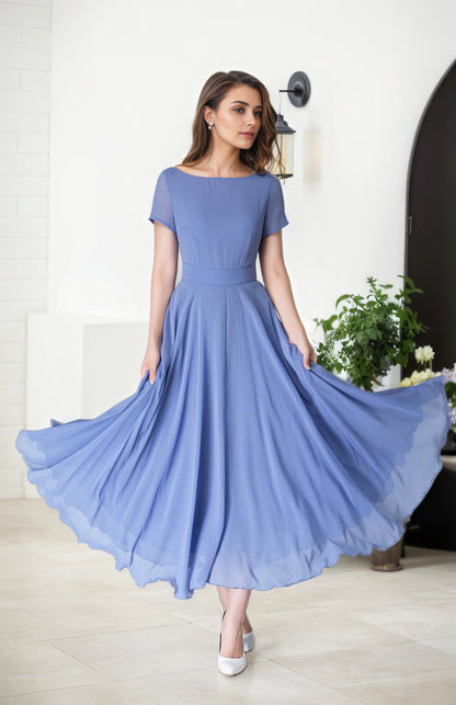 Blue Chiffon Maxi Dress - Handmade Fit and Flare Silhouette 1523