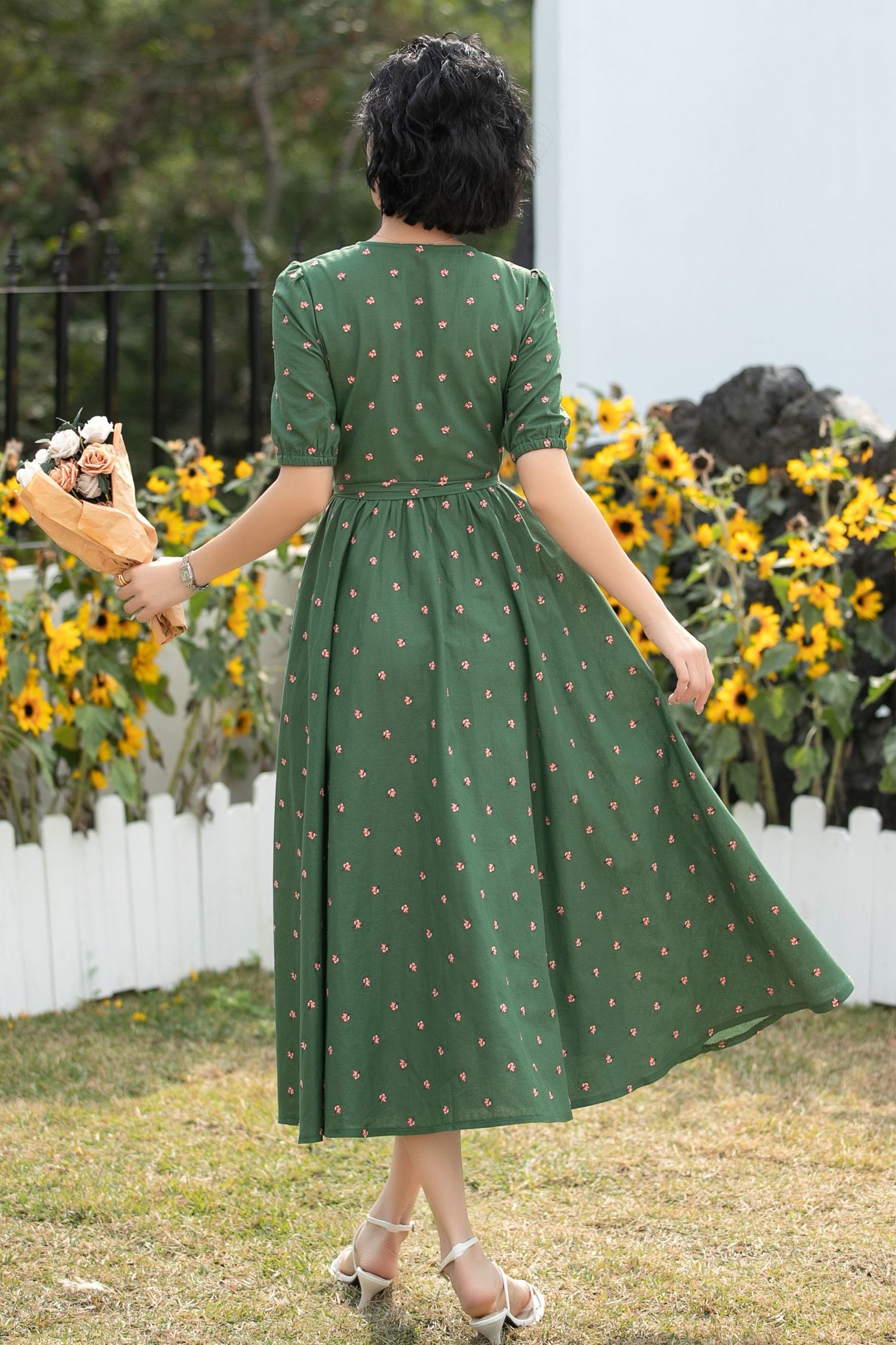 Xiaolizi Green Linen Midi Dress – Vintage Wrap Puff Sleeve Summer Dress 6689 -Size XS #CK2600175