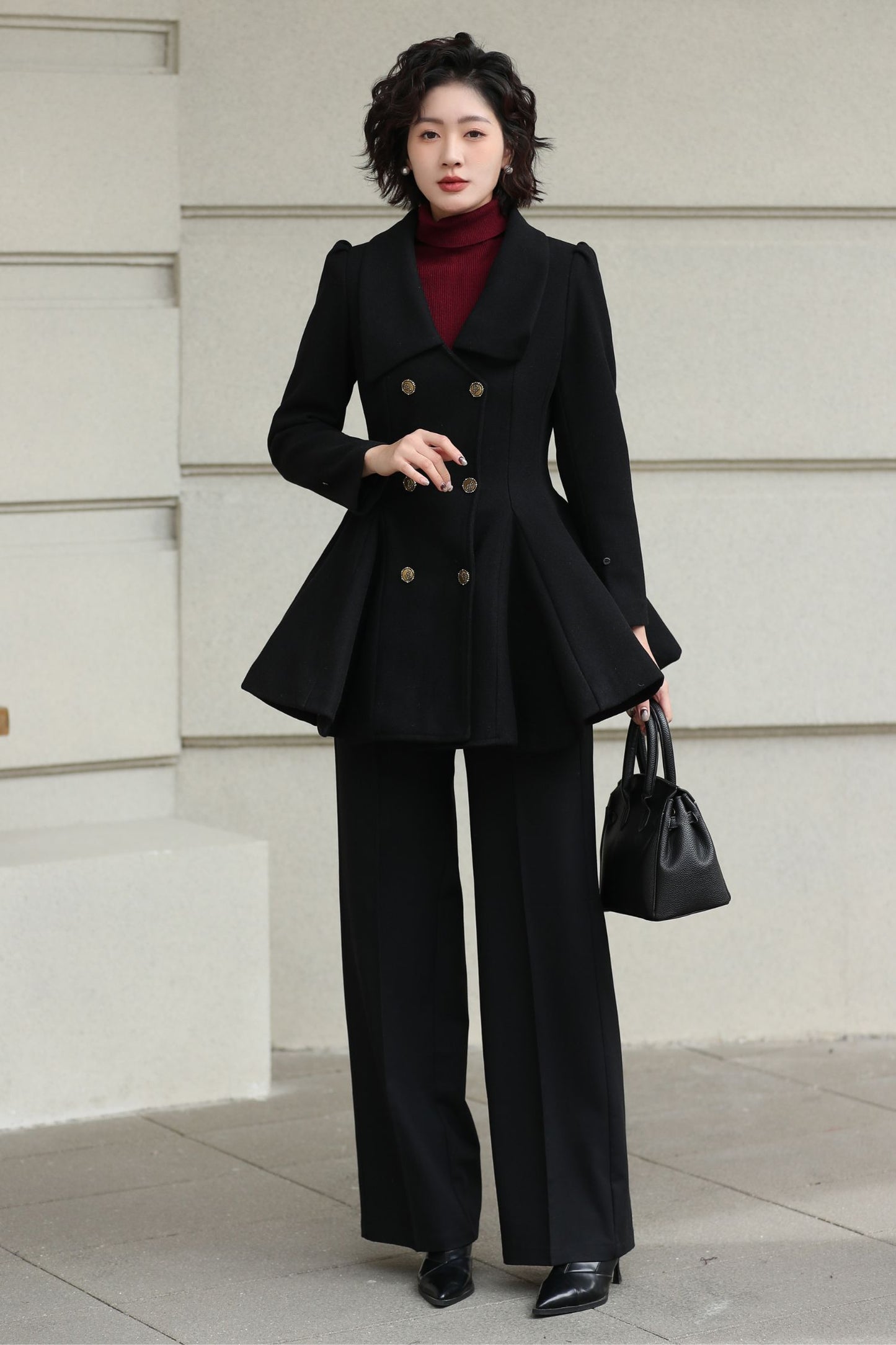 Xiaolizi Burgundy Wool Coat for Women – Handmade Double-Breasted Peplum Winter Coat 6616