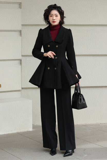 Xiaolizi Burgundy Wool Coat for Women – Handmade Double-Breasted Peplum Winter Coat 6616