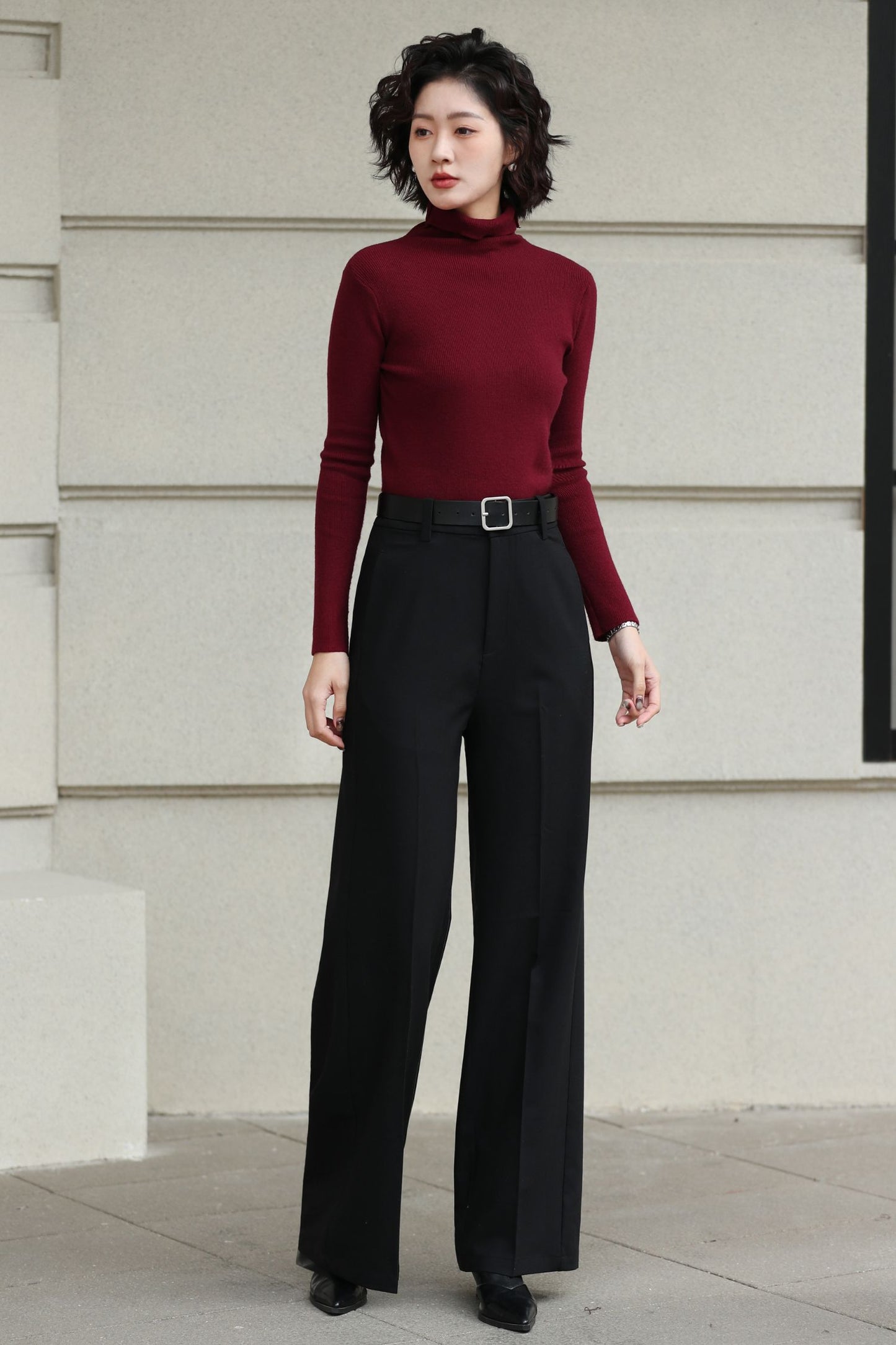Handmade Vintage Wool Pants – Black High Waist Wide Leg Winter Trousers 6620