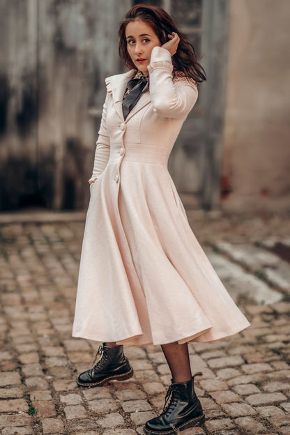 Handmade Pink Wool Coat – Hooded Fit & Flare Winter Swing Overcoat | Xiaolizi 3260