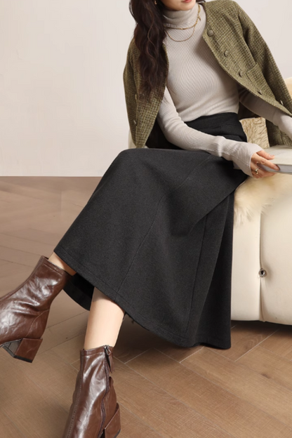 Black Wool A-Line Midi Skirt - Winter Warmth and Elegant Silhouette 5466