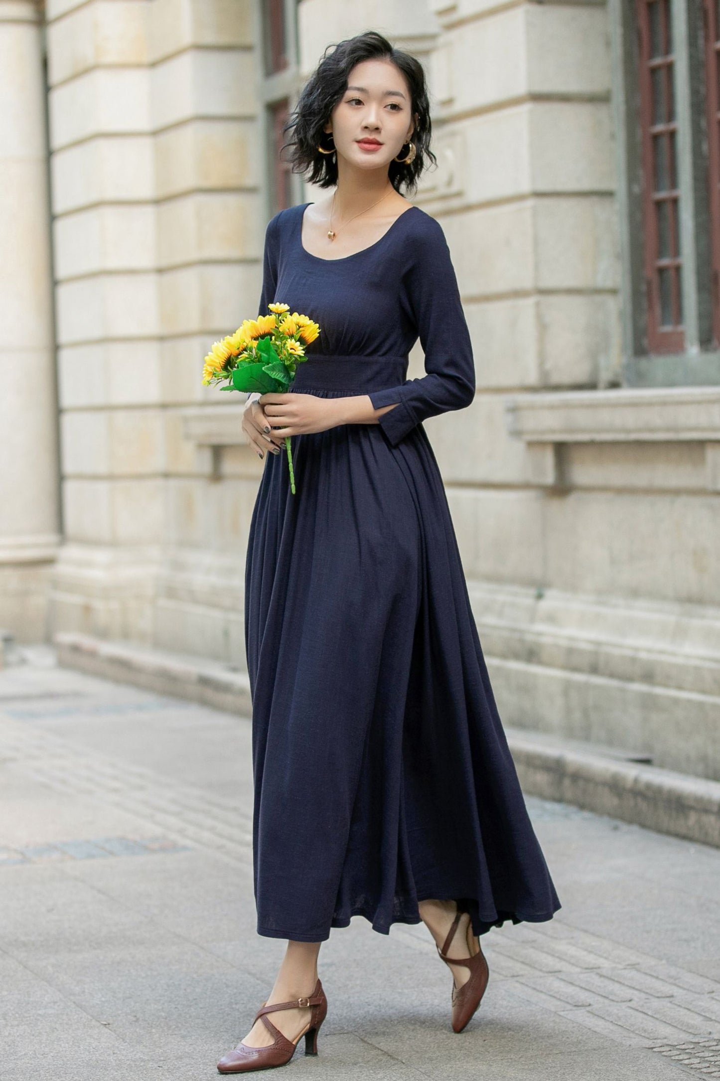 Navy Blue Maxi Linen Dress 5683