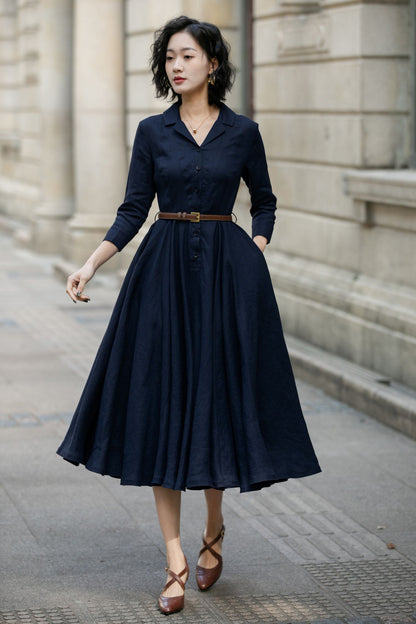 Navy Linen Shirt Dress for Women, Xiaolizi Belted A-Line Dress 6708