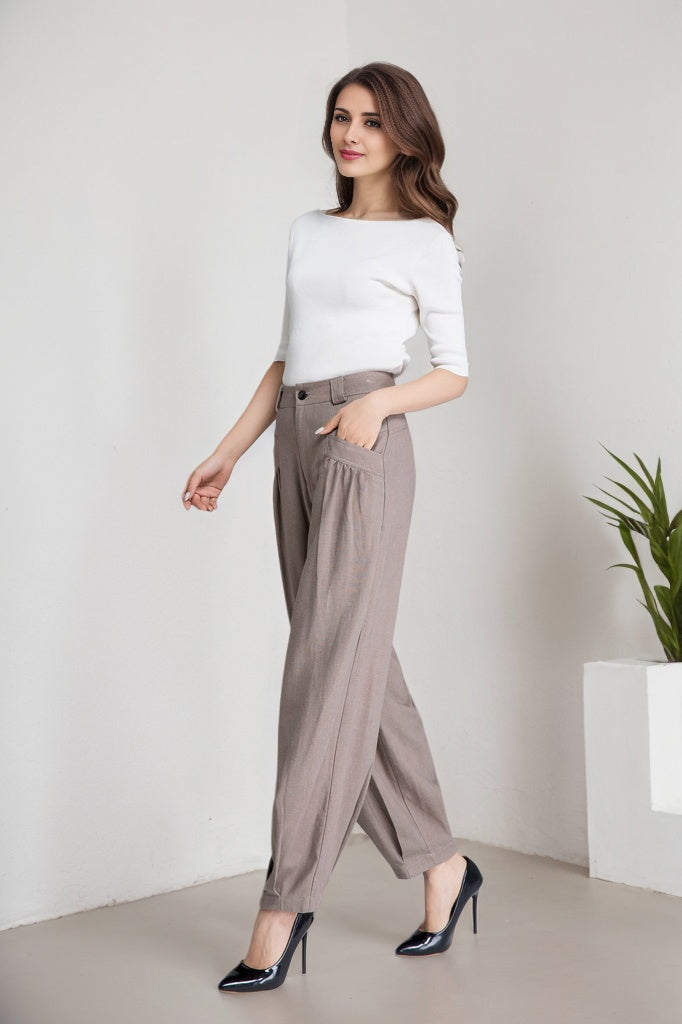Khaki Linen Cotton Blend Maxi Pants - Button Front with Twin Pockets 5915