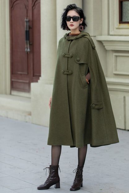 Green Wool Cape Coat – Vintage Military Hooded Winter Overcoat | Xiaolizi 5351