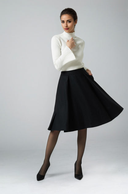 Black Wool Knee Length Skirt - Pleated A-Line Silhouette 6291