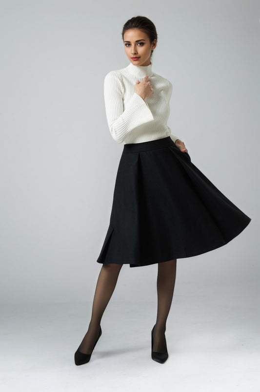 knee length black wool skirt 6291