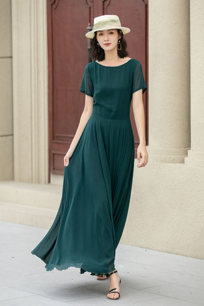 Fit and flare green summer chiffon dresses 5144