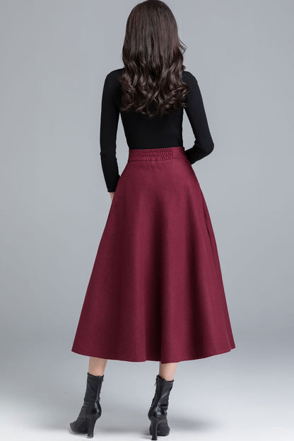 Burgundy Wool Midi Skirt – Vintage A-Line Winter Skirt with Pockets 2490