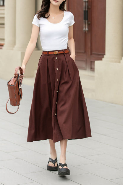 A line brown button front midi linen skirt 4949