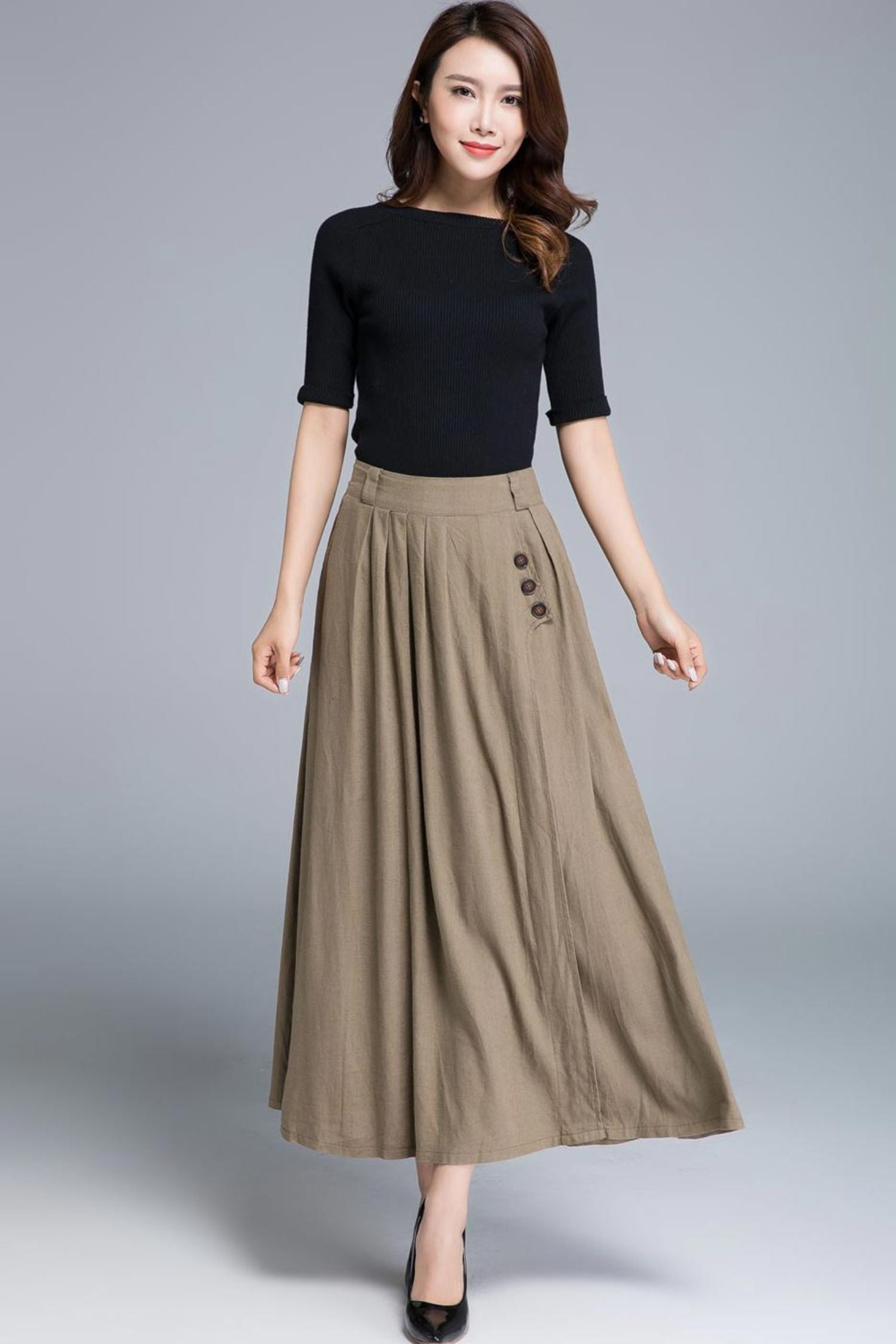 Linen maxi Skirt, Classic pleated Skirt with Side Pockets – Xiaolizi