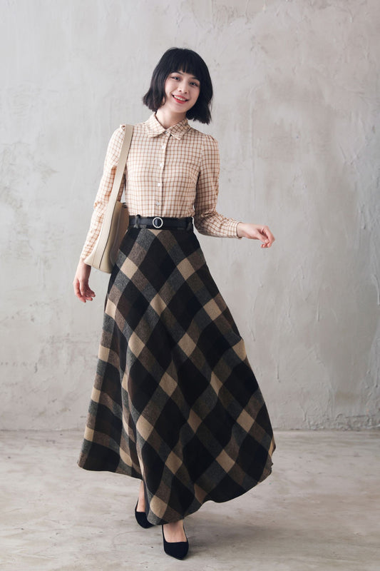 Women's Long Tartan Plaid Wool Maxi Skirt 3108