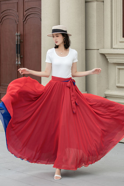 Red Chiffon Ankle-Length Skirt - Elastic Waist with Belt 5108