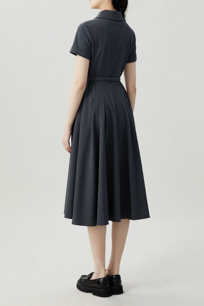 Charcoal Polyester Midi Shirt Dress - Button Front with Belted Waist HY0029