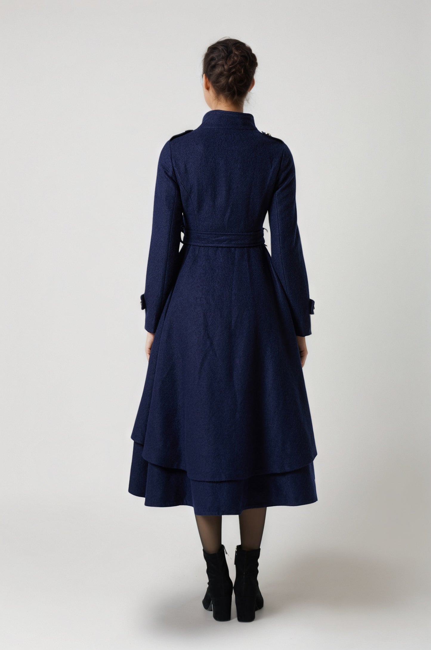 Handmade Navy Blue Wool Coat – Vintage Asymmetrical Hem Belted Winter Overcoat | Xiaolizi 6289