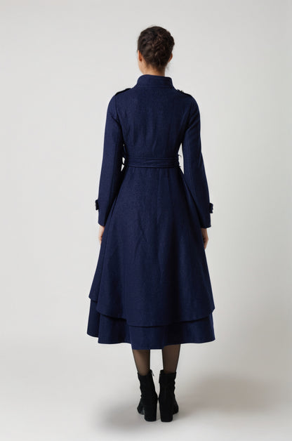 Handmade Navy Blue Wool Coat – Vintage Asymmetrical Hem Belted Winter Overcoat | Xiaolizi 6289
