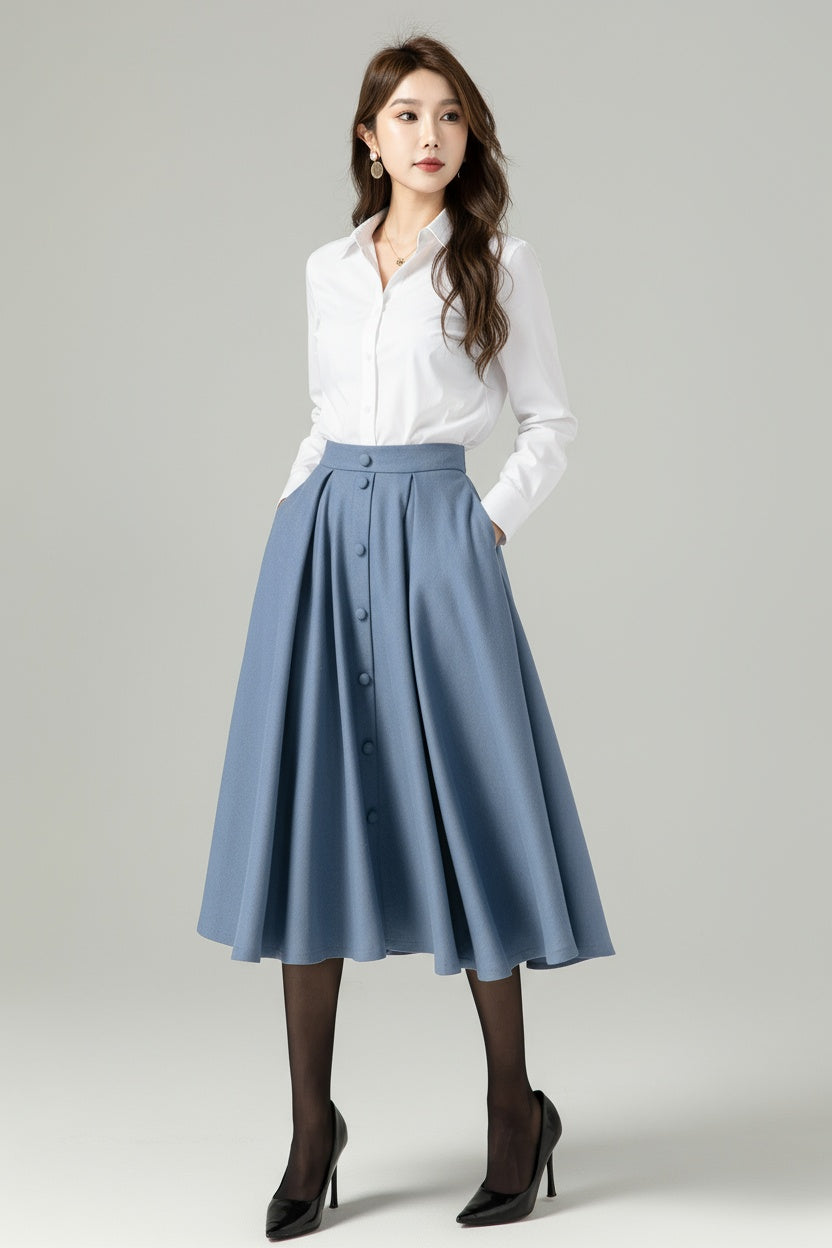Blue Wool A-Line Midi Swing Skirt – High Waist Winter Skirt with Buttons 6566