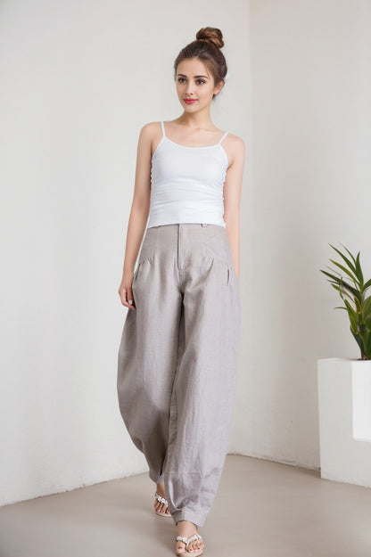 Grey Linen Cotton Baggy Pants - Relaxed Fit, Ankle Length 5916