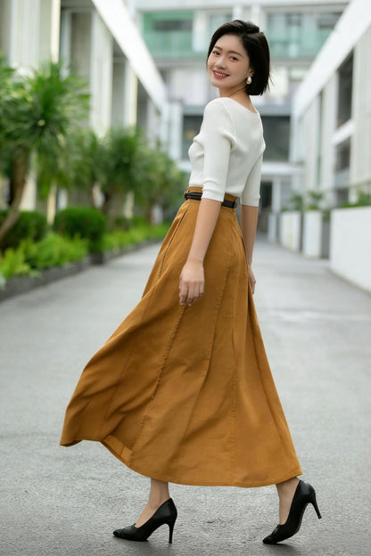 Brown Linen Maxi Skirt – High Waist A-Line Long Linen Skirt 6777