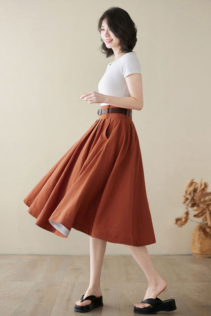 Dark Red Linen Pleated A-Line Skirt - High Waist Midi | Xiaolizi 4973