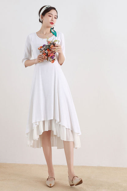 White Linen Summer High-Low Dress with Flowy Hem 2517