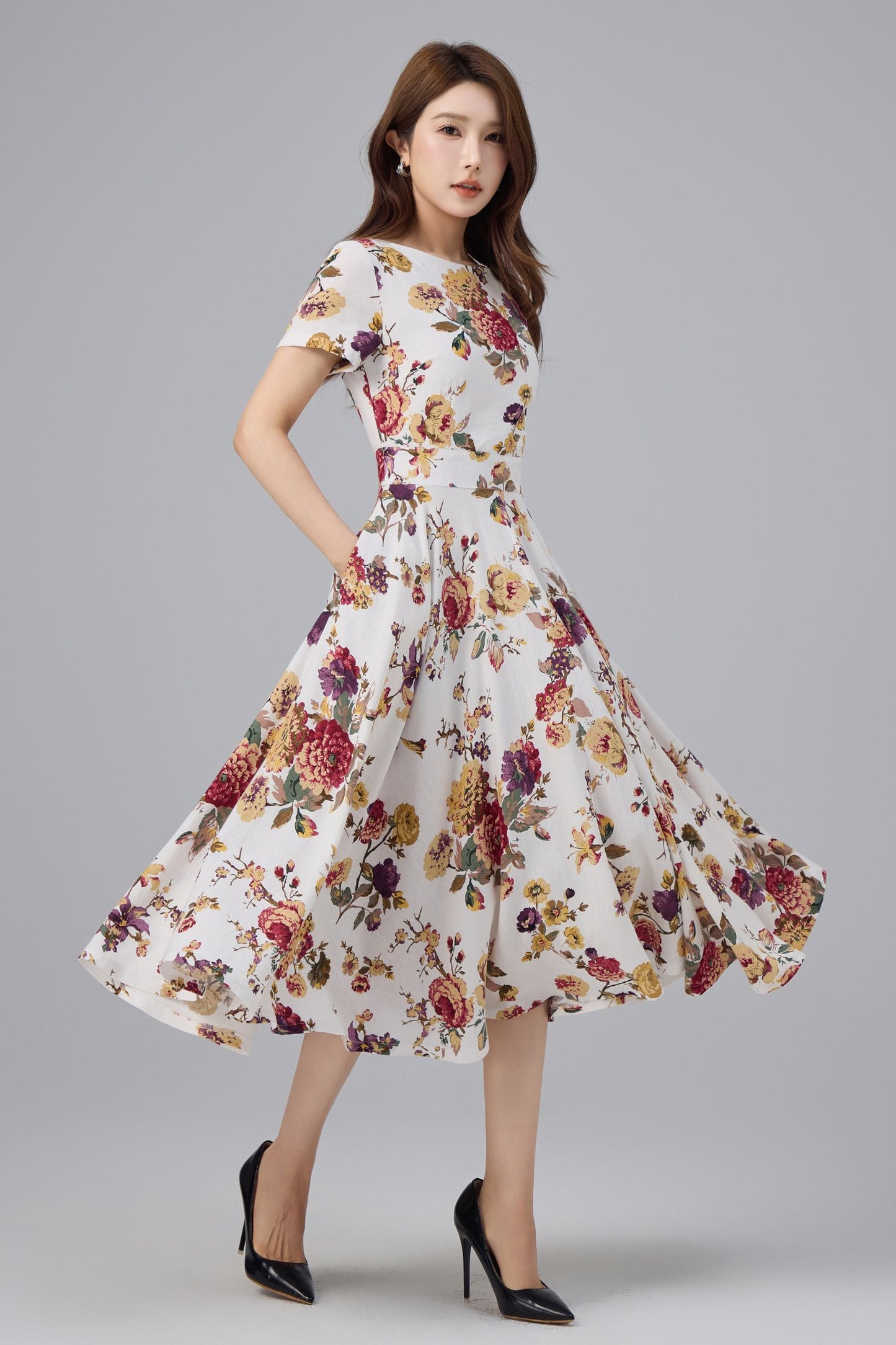 Floral Linen Cotton Midi Dress - Flattering Waist, A-line Swing | Xiaolizi 6762