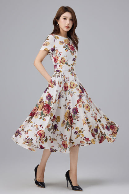 Floral Linen Cotton Midi Dress - Flattering Waist, A-line Swing | Xiaolizi 6762