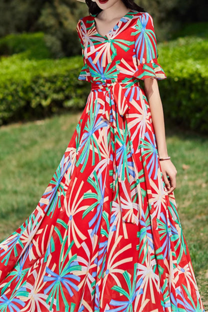 Red Floral Chiffon Maxi Dress - V-Neck, Fitted Waist 5006