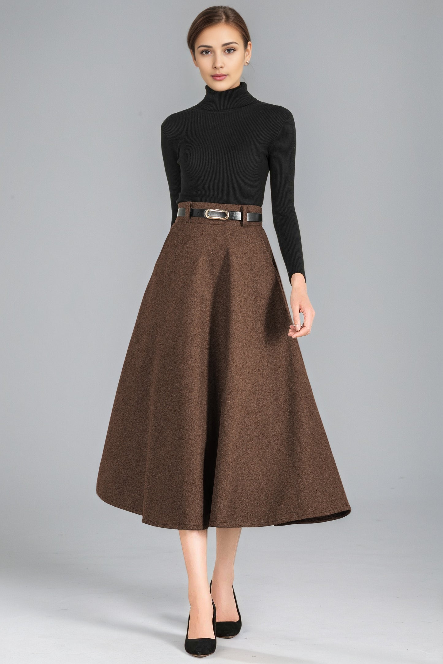 Xiaolizi Handmade Wool Midi Skirt – Vintage High Waist A-Line Winter Skirt 6355