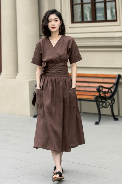 Fit and flare brown midi linen dress 4957
